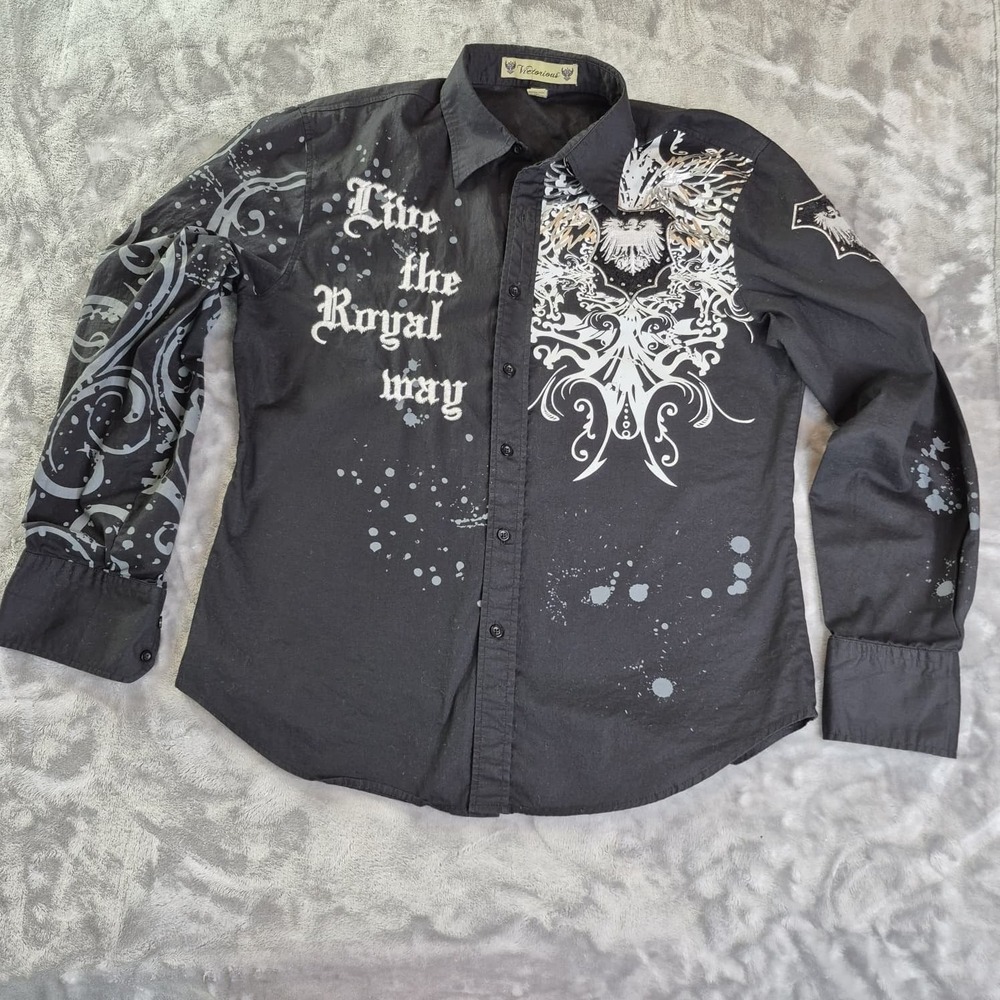 Victorious Mens Graphic Button Up Shirt L Black Eagle Splatter Long Sleeve